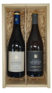 La Negly twee flessen in houten kist wijncadeau wit en rood